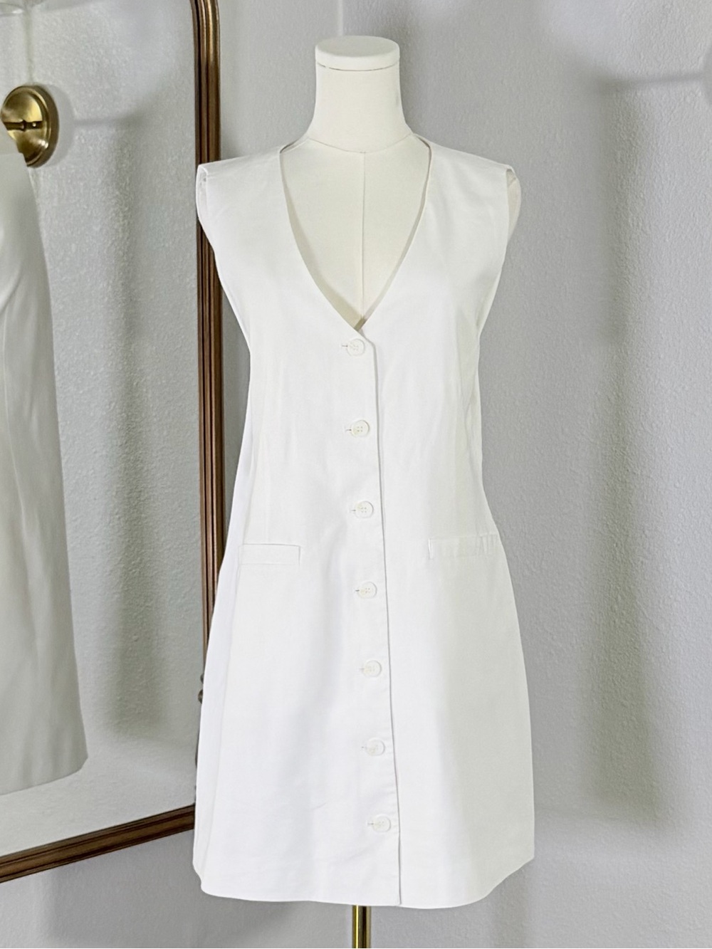 Reveriee Large White Linen Blend Button Front Vest Dress 90s Minimalist